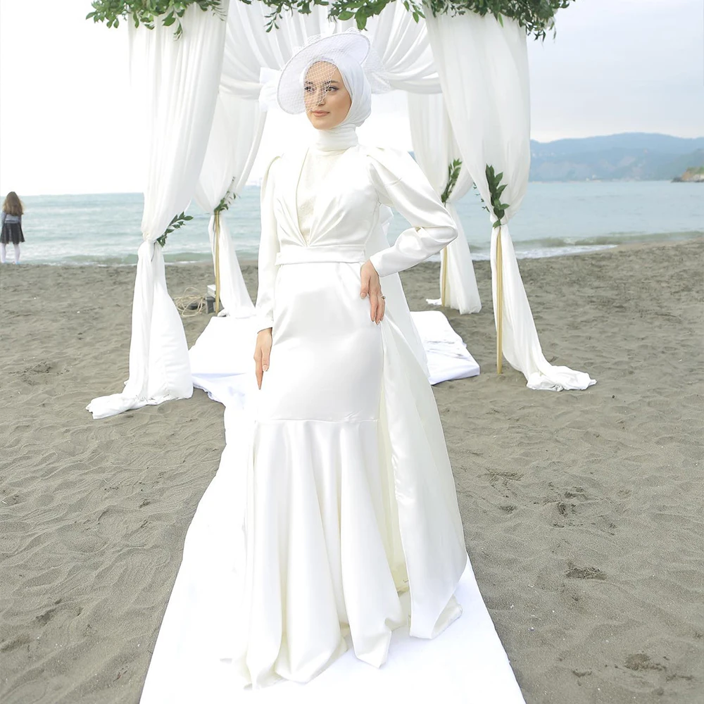 

Modest Wedding Dresses High Neck Long Sleeve Hijab Bride Dress Detachable Train Beach Bridal Gown Customized robe de mariée
