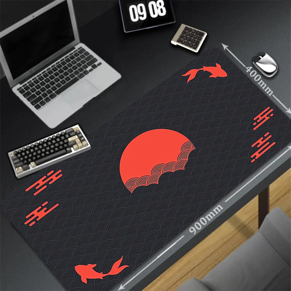 Japanese Desk Mat Black & Red Mouse Pad Koi Fish Sun Cloud Japan Art Seal Sunrise Large XXL Gaming Rubber Mousepad 90x40 Deskmat