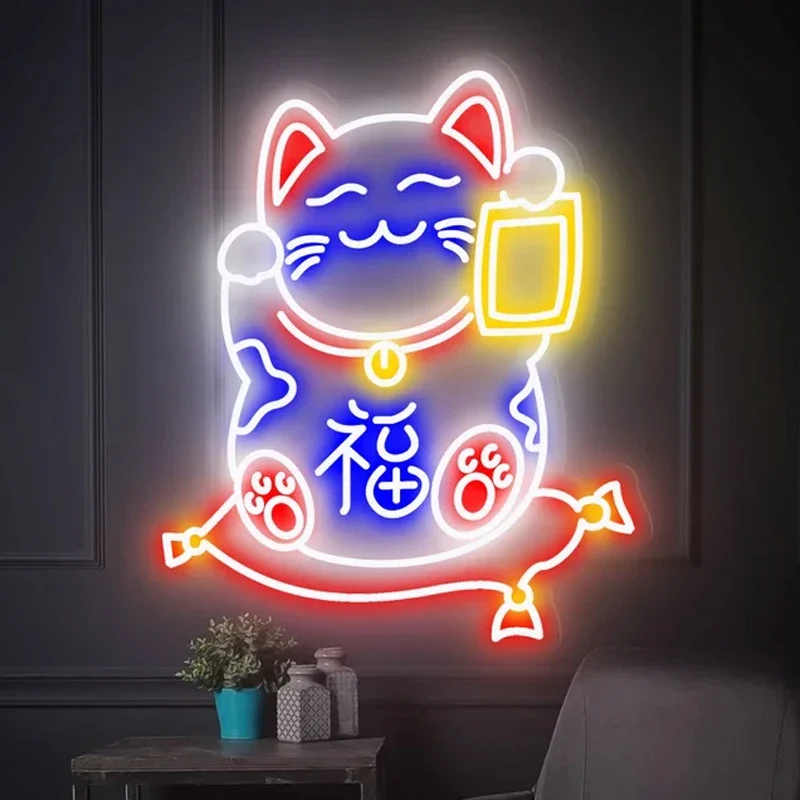 Anime Cute Lucky Cat Neon Sign Open Door Custom Led Neon Light for Cash Register Decoration Room Wall Hang Decor