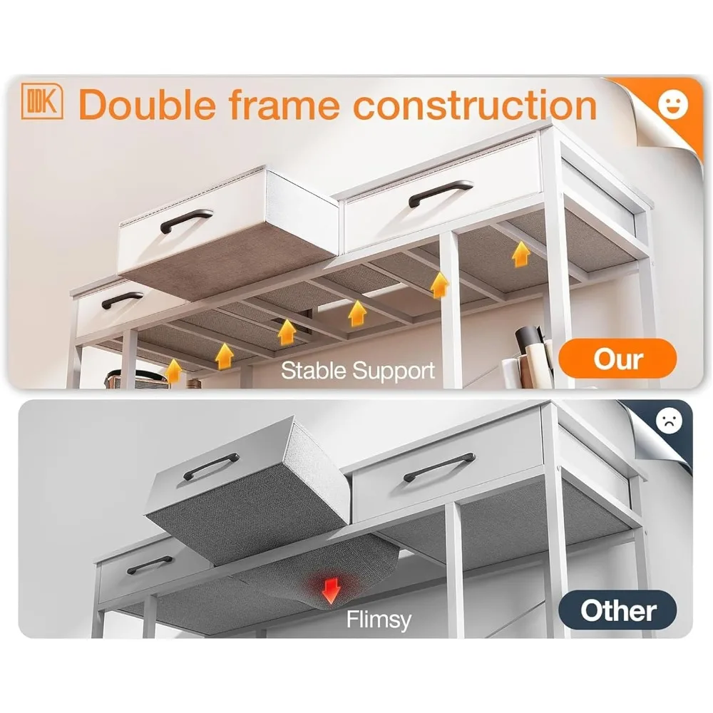 Escritorio pequeño para computadora de oficina: mesa para el hogar con cajones de tela y estantes de almacenamiento, escritorio moderno, blanco, 48x16