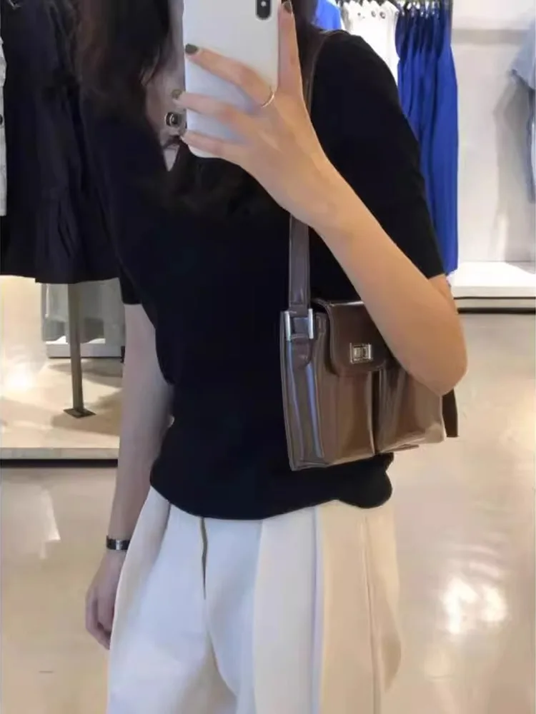 Black polo collar short-sleeved T-shirt women\'s thin summer lapel ice silk knitwear design feel top
