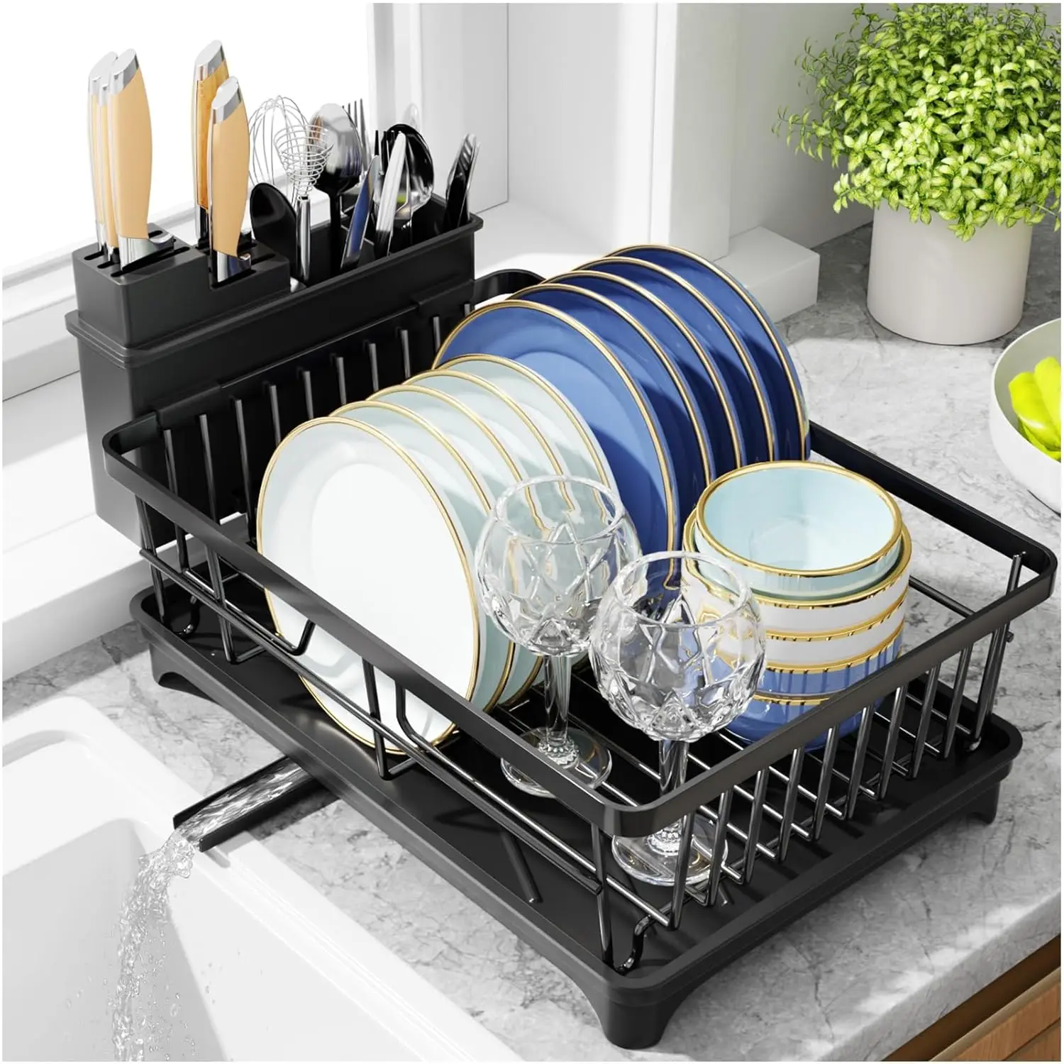 

Space-Saving Dish Drying Rack with Utensil Holder, Rustproof Drainer for Kitchen Counter, Black