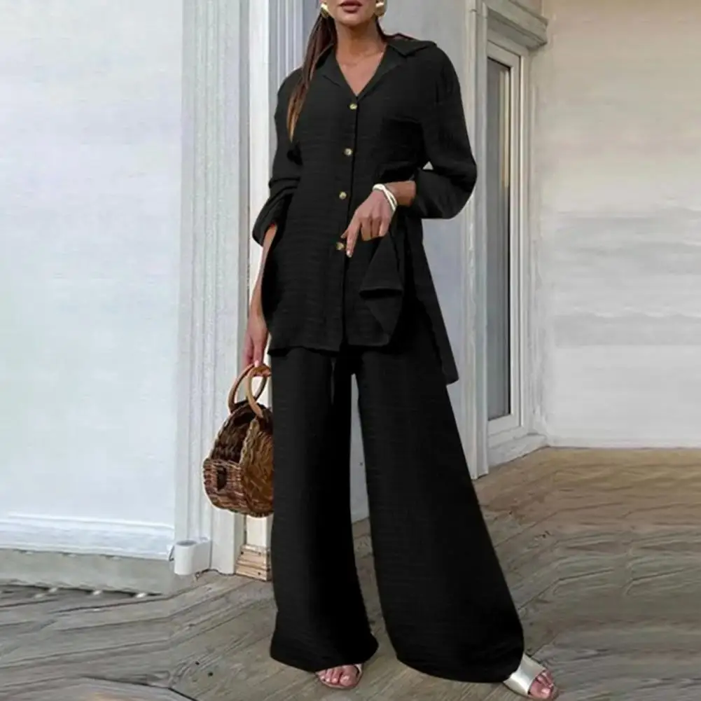 Wide-leg Pants Suit Elegant Women's Shirt Pants Set with Turn-down Collar Long Sleeve Top Wide Leg Pants Stylish Commute for A