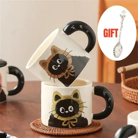 Coffee Cup Milk Tea Water With Lid Handle Cute Creative Funny Cat For Girls Children Friends Women Gift Ceramic Mugs Cups