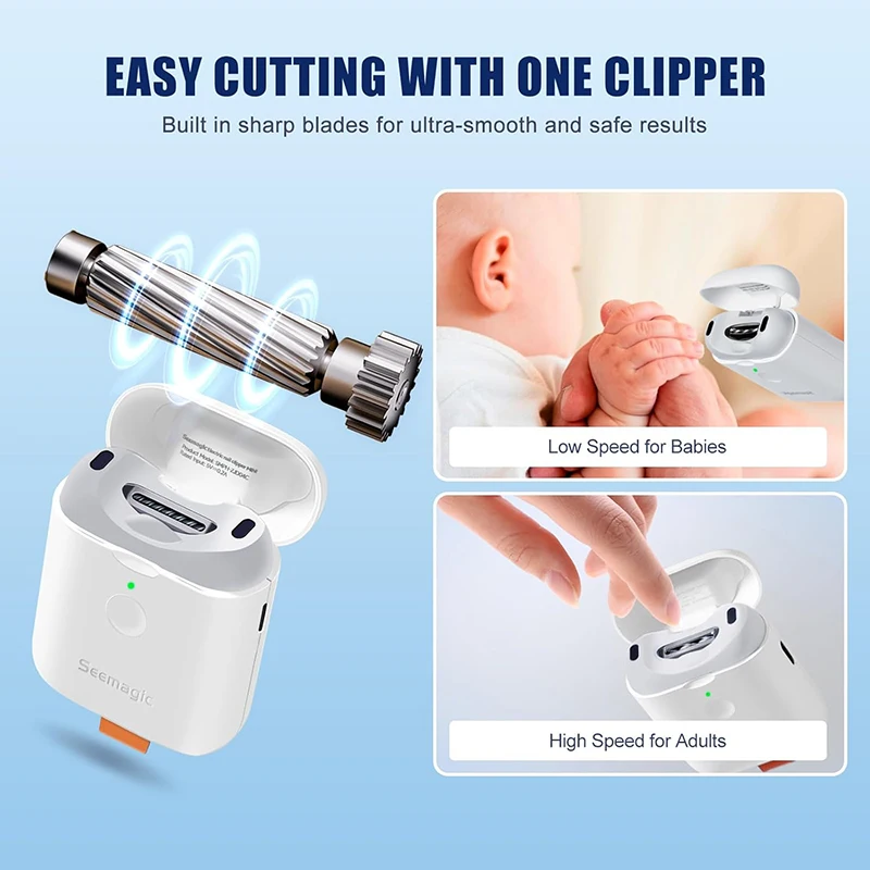 Seemagic Mini Electric Nail Clipper Automatic 2-in-1 Baby Trimmer with LED Light for Adults Babies Home Daily Nail Care Tool