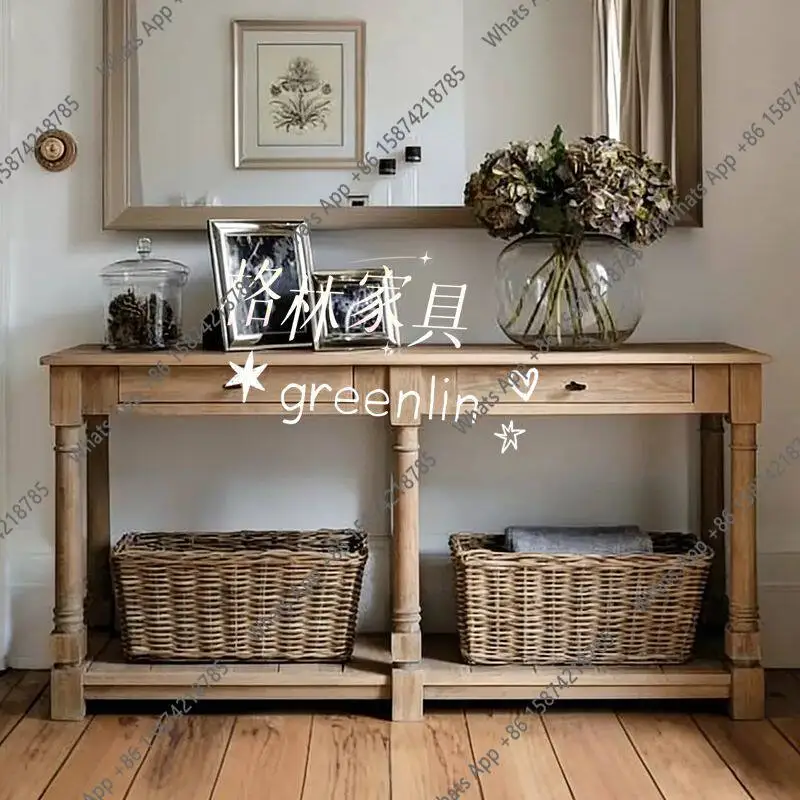 Mn American Rural Solid Wood Entrance Table/French Retro Log Color Home Partition Entrance Table/