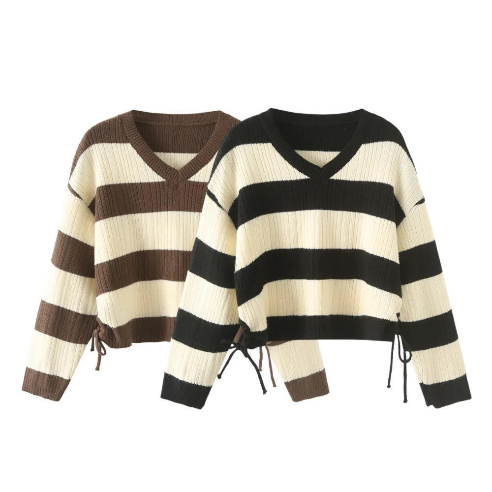 

PB&ZA Autumn New Women's 2024 Simple Round Neck Striped Color blocked Loose V-neck Short Knitted Hoodie