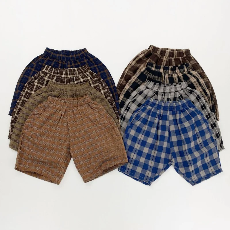 Kinder-Caprihose im koreanischen Stil, Retro-Gittermuster, Kinder-Shorts, Sommerhose, weich, atmungsaktiv, Unisex-Hose – Detail 2