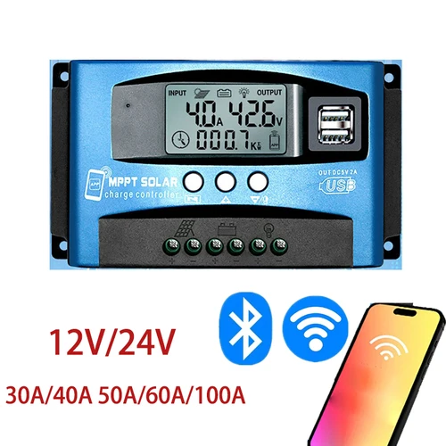Imagen 1 del producto Controlador de carga Solar MPPT con WiFi, bluetooth, 12V, 24V, pantalla LCD, USB Dual para batería de litio de plomo-ácido, 100A, 60A, 40a, 30a