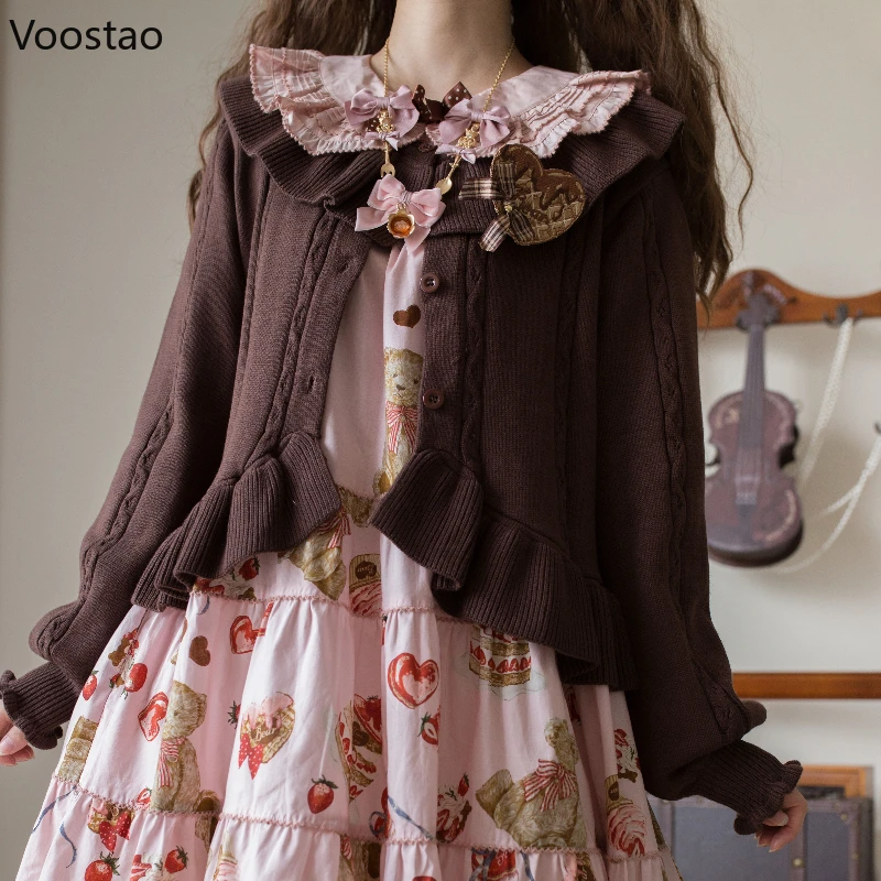 اليابانية Kawaii لوليتا البلوزات سترة المرأة أنيقة الحلو الكشكشة س الرقبة طويلة الأكمام محبوك معطف الفتيات Vintage بلايز عادية