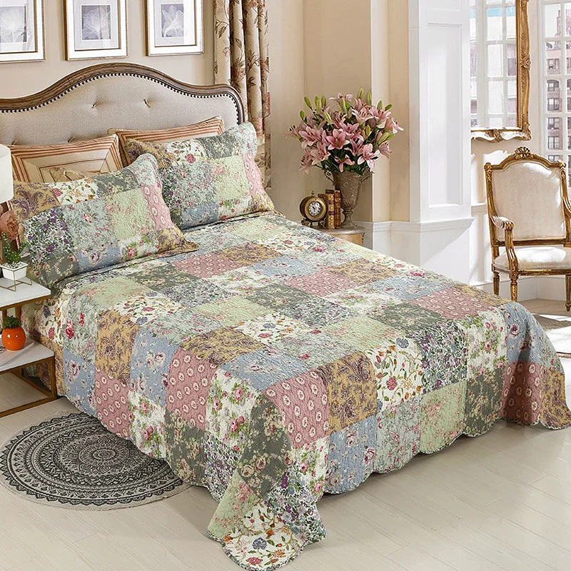 

Patchwork Plaid Cotton Quilt Set 3PCS Bedspread on the Bed Quilted Bed Cover Queen Size Vintage Coverlets Summer Blanket Bedroom