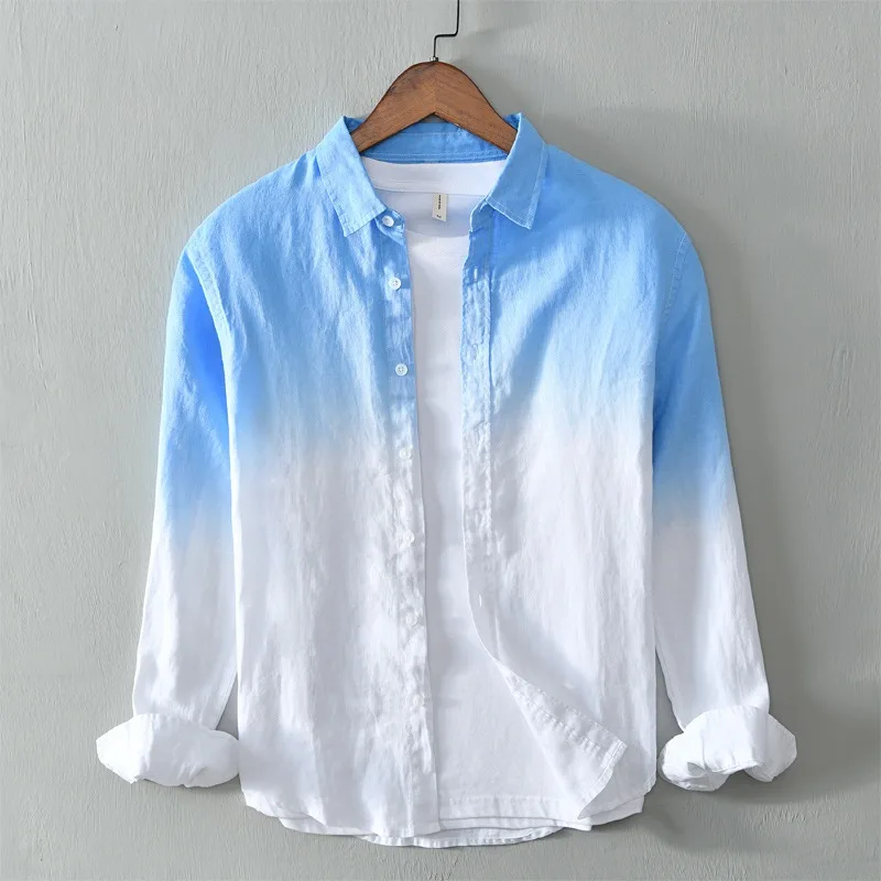 

Men's Japanese Style Gradient Long Sleeve Shirt, Casual Linen Button Down Shirt, Breathable Color Block Streetwear Top