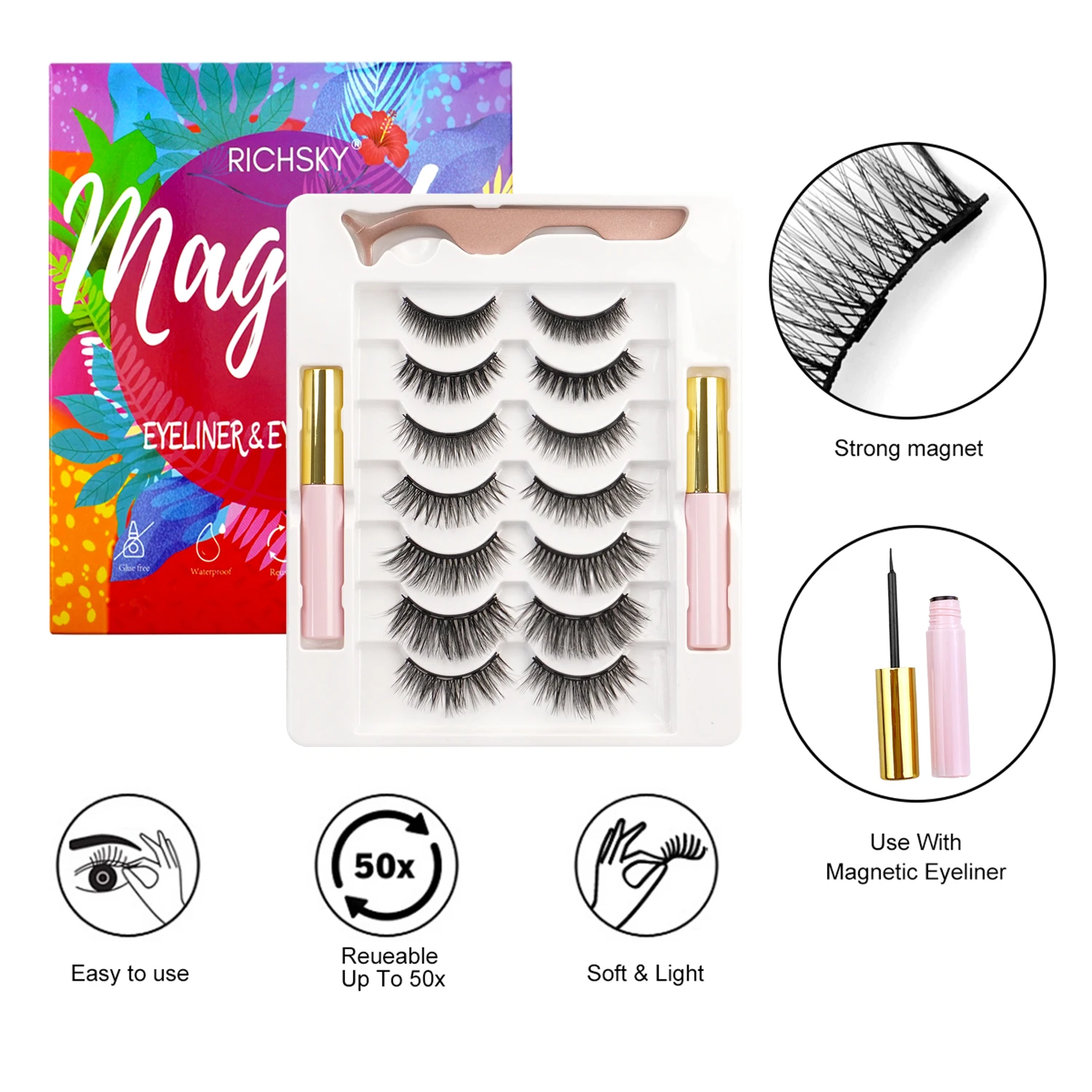 7쌍 마그네틱 속눈썹 키트, 재사용 가능한 3D 마그네틱 속눈썹 세트, 방수 아이라이너, 인조 속눈썹 자연스러운 룩
