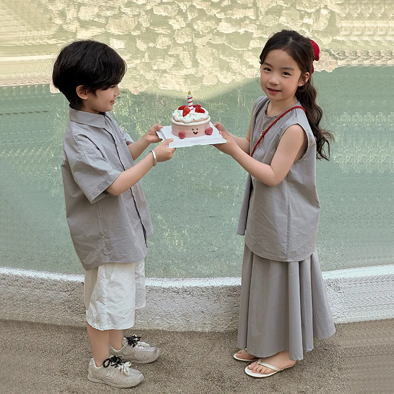 

Одинаковая одежда для братов и сестер, жилет и юбки для девочек, комплекты из двух предметов, детские рубашки для мальчиков, корейская одежда для маленьких близнецов