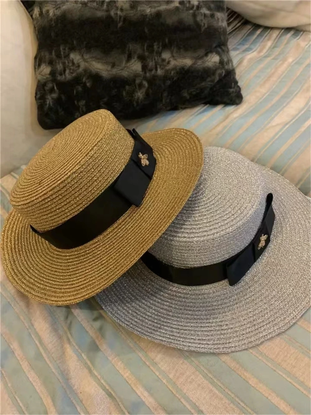 202406-zi21 ins chic summer Gold wire weaving paper bee fake photo fedoras cap men women leisure panama jazz hat