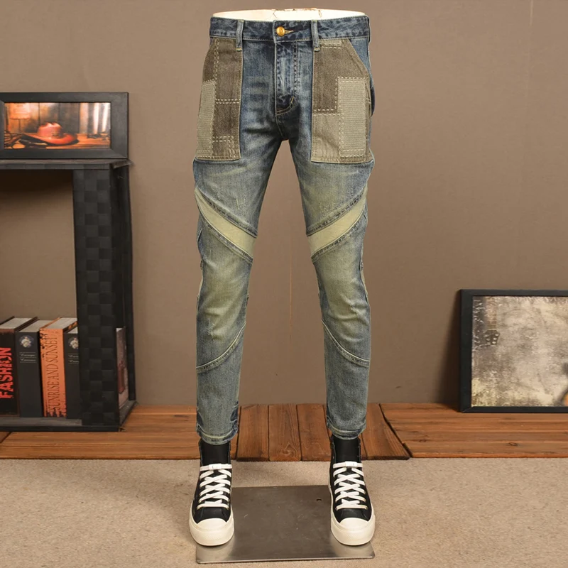 Street Fashion Men Jeans Retro Washed Blue Stretch Slim Fit Ripped Jeans Men Spliced Designer Patched Hip Hop Denim Pants Hombre