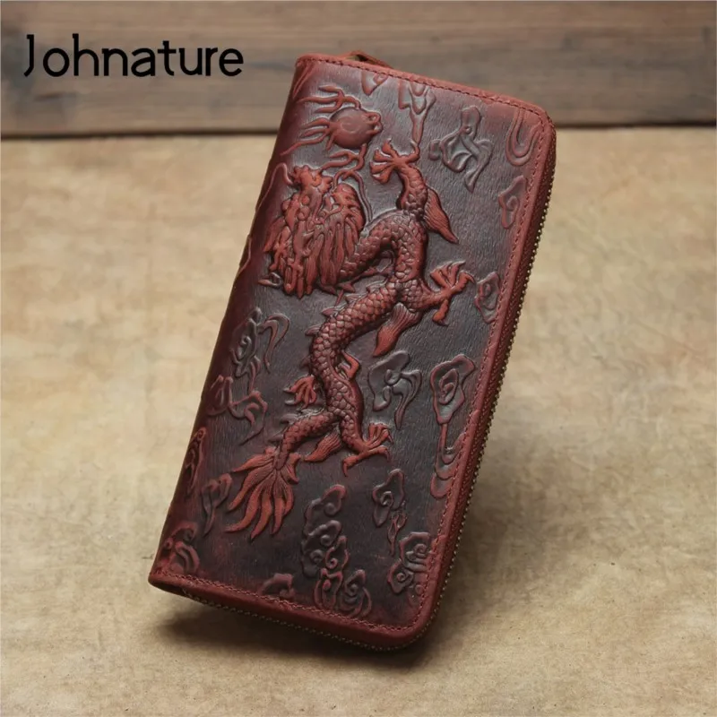 Johnature Retro Crazy Horse Leather Embossed Wallet 2024 New Dragon Pattern Long Men Wallets Card Holder Handmade Cowhide Purse