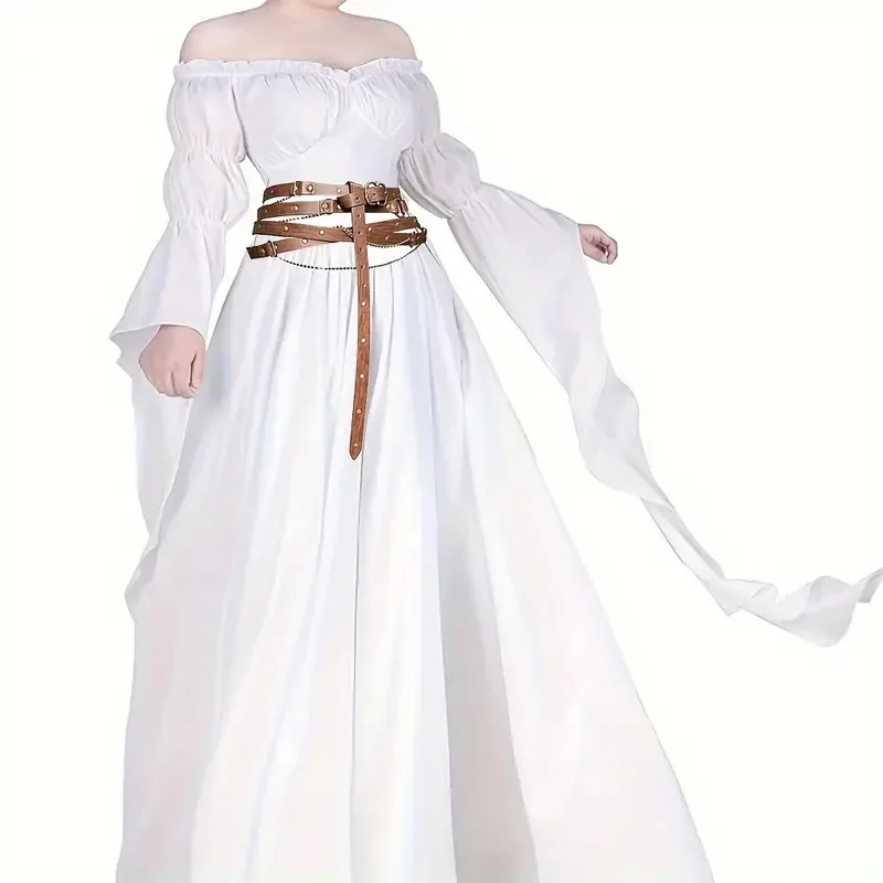 

New Gothic Long Sleeve Round Neck Belted Asymmetrical Women Dress Halloween Costume Party Outfit