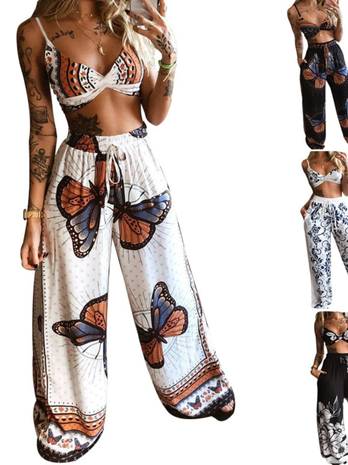 

Сексуальный брючный костюм с принтом и широкими штанинами, комплект из двух предметов из полиэстера для женщин 20- и 30-летнего возраста, летняя коллекция