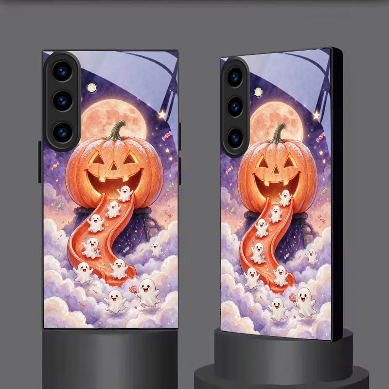Pumpkin Halloween Art Black Glass Phone Case For Samsung Galaxy S24 FE S23 S22 S21 S20 Plus S26 Ultra S25Edge S25 26 Back Cover