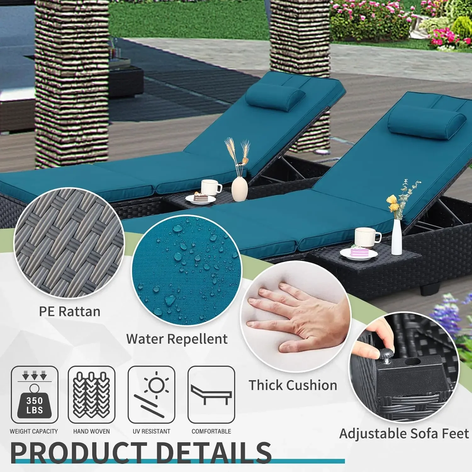 Sillas reclinables de mimbre para exteriores, juego de 2 sillas reclinables de ratán negro, muebles de Patio exterior, silla de salón para piscina