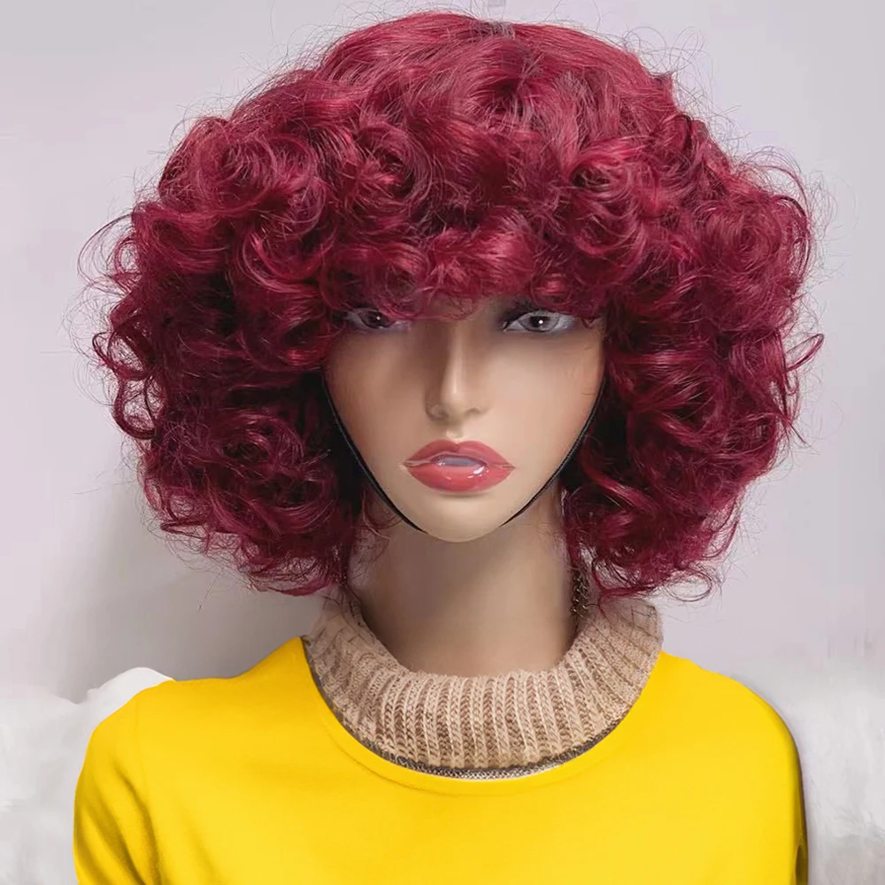 Burgundy 99J Funmi Rose Curly Wigs with Bang Bouncy Egg Curls Short Bob Pixie Cut Wig Machine Made Human Hair Wig For Women 330%