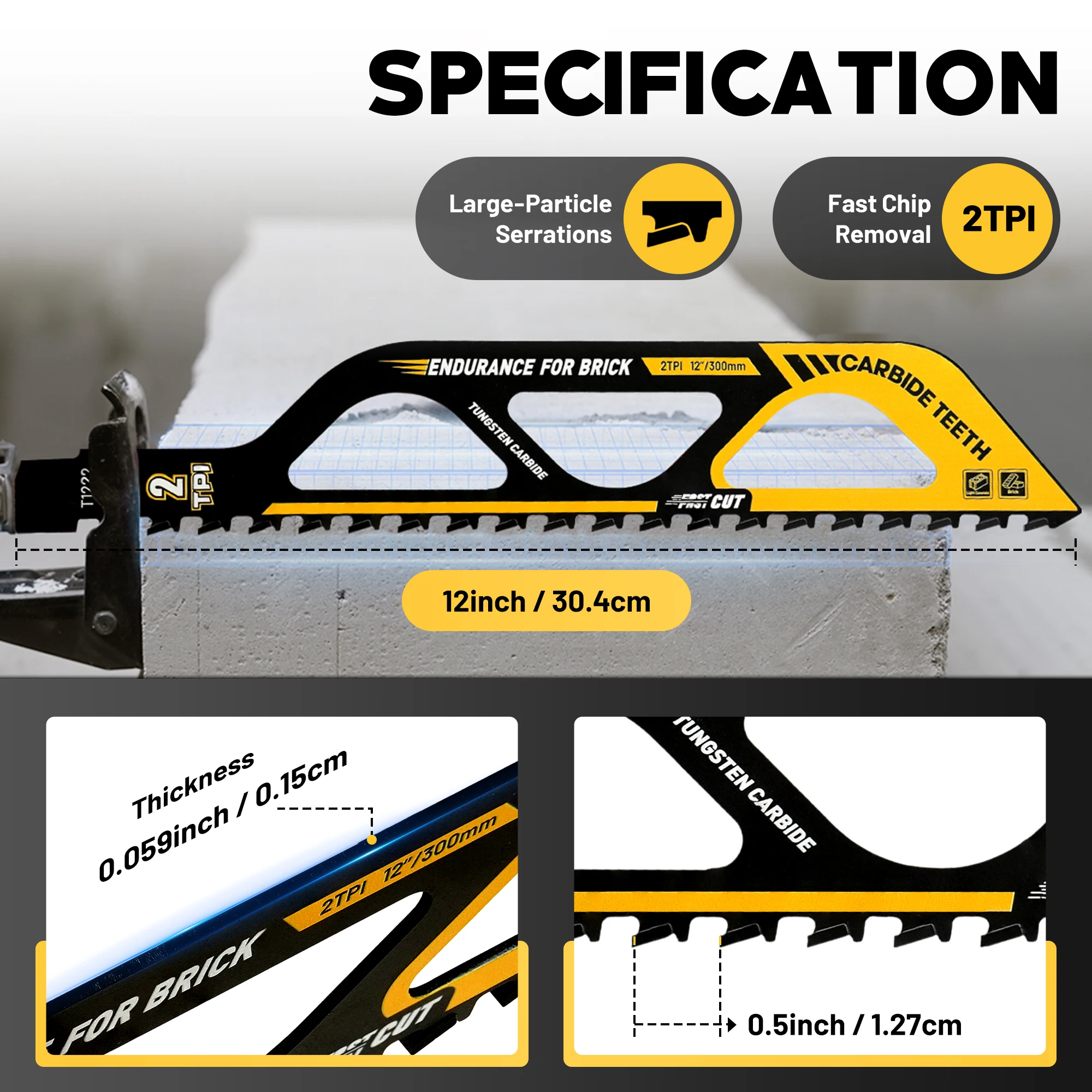 1PC 12inch Demolition Masonry Reciprocating Saw Blades, Carbide Blades for Cutting Bubble Brick Aerated Concrete and Hollow Brick