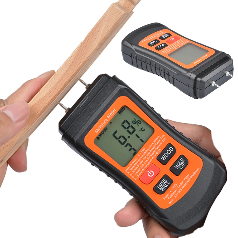 Two Pins Wood Moisture Meter with Temperature Display Backlit Digital Paper Humidity Tester Wall Hygrometer Timber Damp Detector