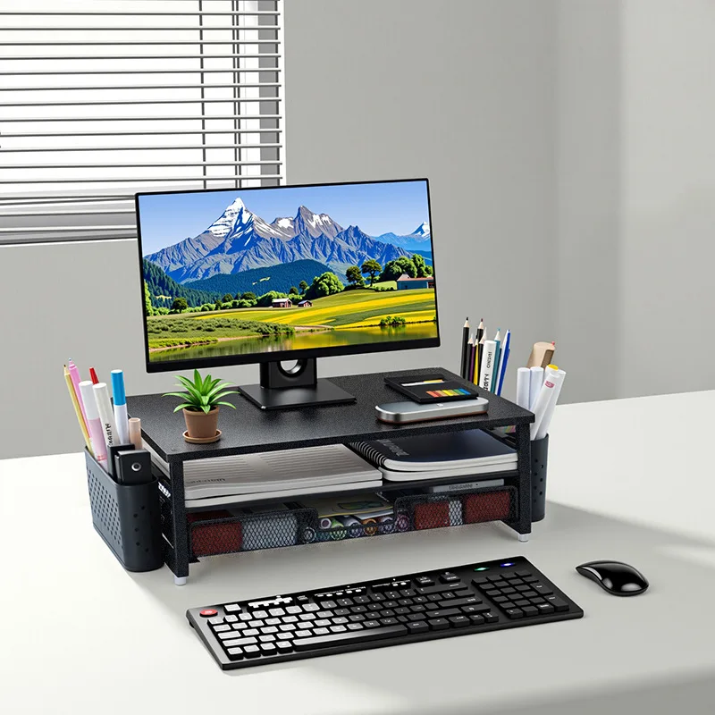 Two Tier Monitor Riser Side Pen Holder Desk Organization Metal Storage Shelf Stand Computer Screens Notebooks Stationery Office