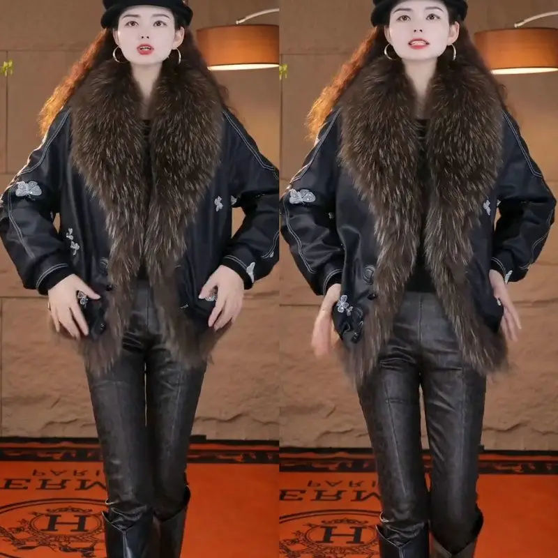 

Ele Retro Sle Luxury Fur Collar Women's Bla High-End Faion Anti-Aging Print Design Outerwear Coat