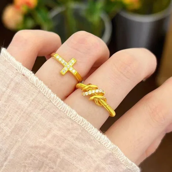 

Women's Braided Cross Open Ring, 24K Gold, AU999 | Solid gold braided cross design, "Purity" engraving on band.