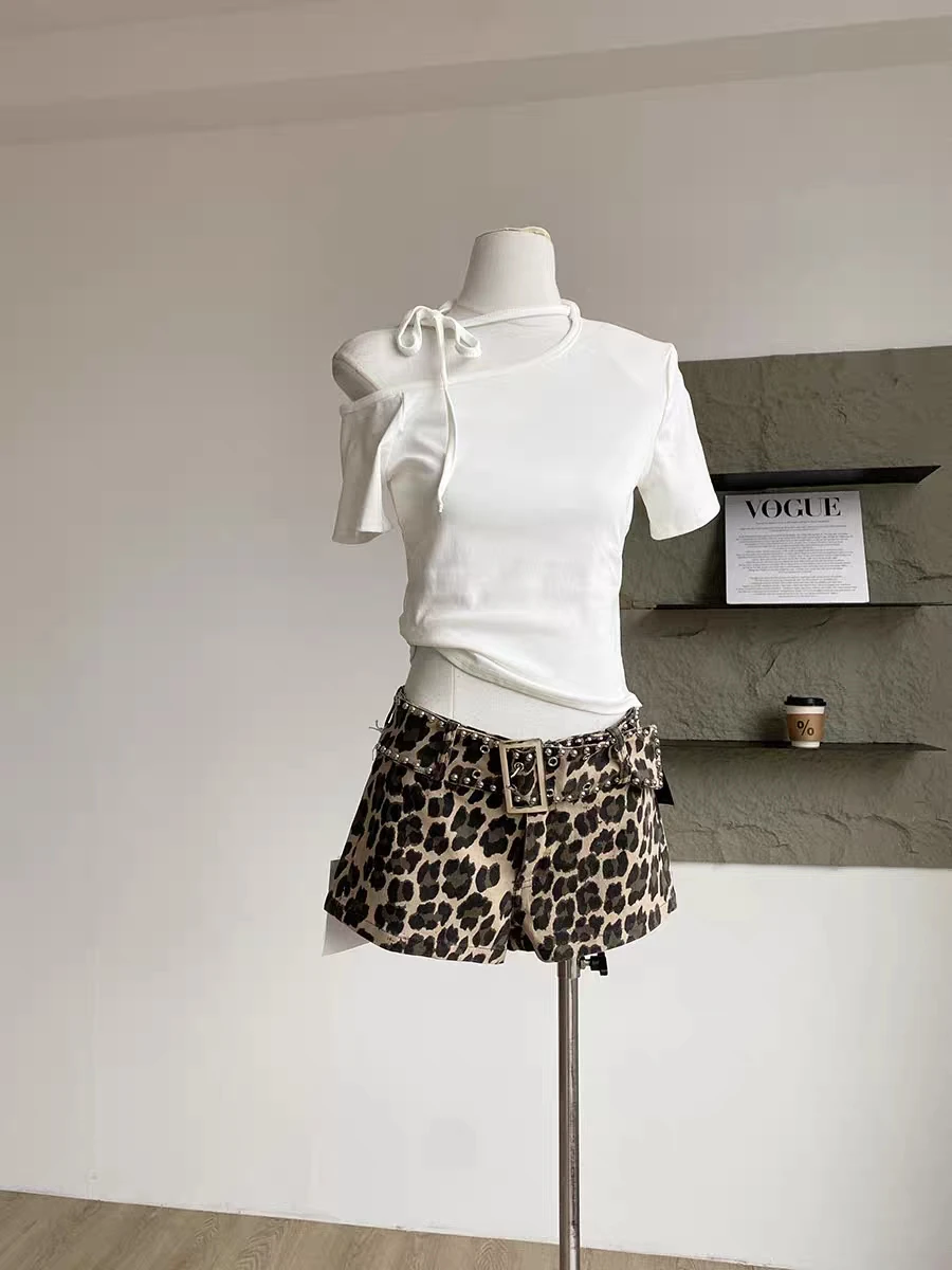 Dames zomer herfst high street luipaard denim shorts dame streetwear lage taille slanke denim korte broek