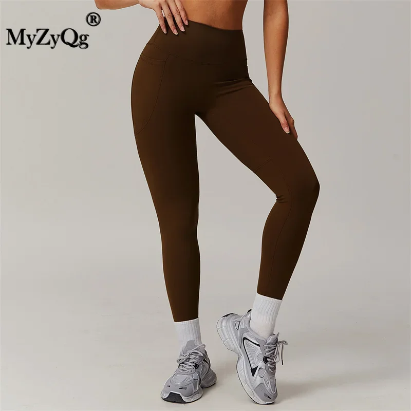 MyZyQg Yoga Leggings Outdoor Running Gym Fitness Pants Women Breathable Quick Dry Sports Peach Pockets Push Up Pant