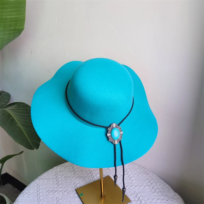 Elegant Turquoise dome fedora Hat Women Party Hat Hepburn style big brim Floppy fedora lady Autumn Winter sombrero mujer