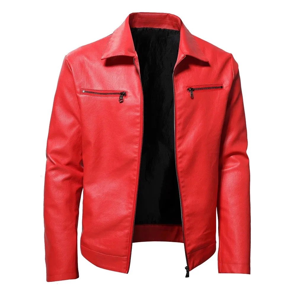 Chaquetas de cuero PU para hombre, chaqueta de moda, color sólido, cuello alto, cremallera, Punk, Vintage, motociclista, rojo, negro, otoño, 2024