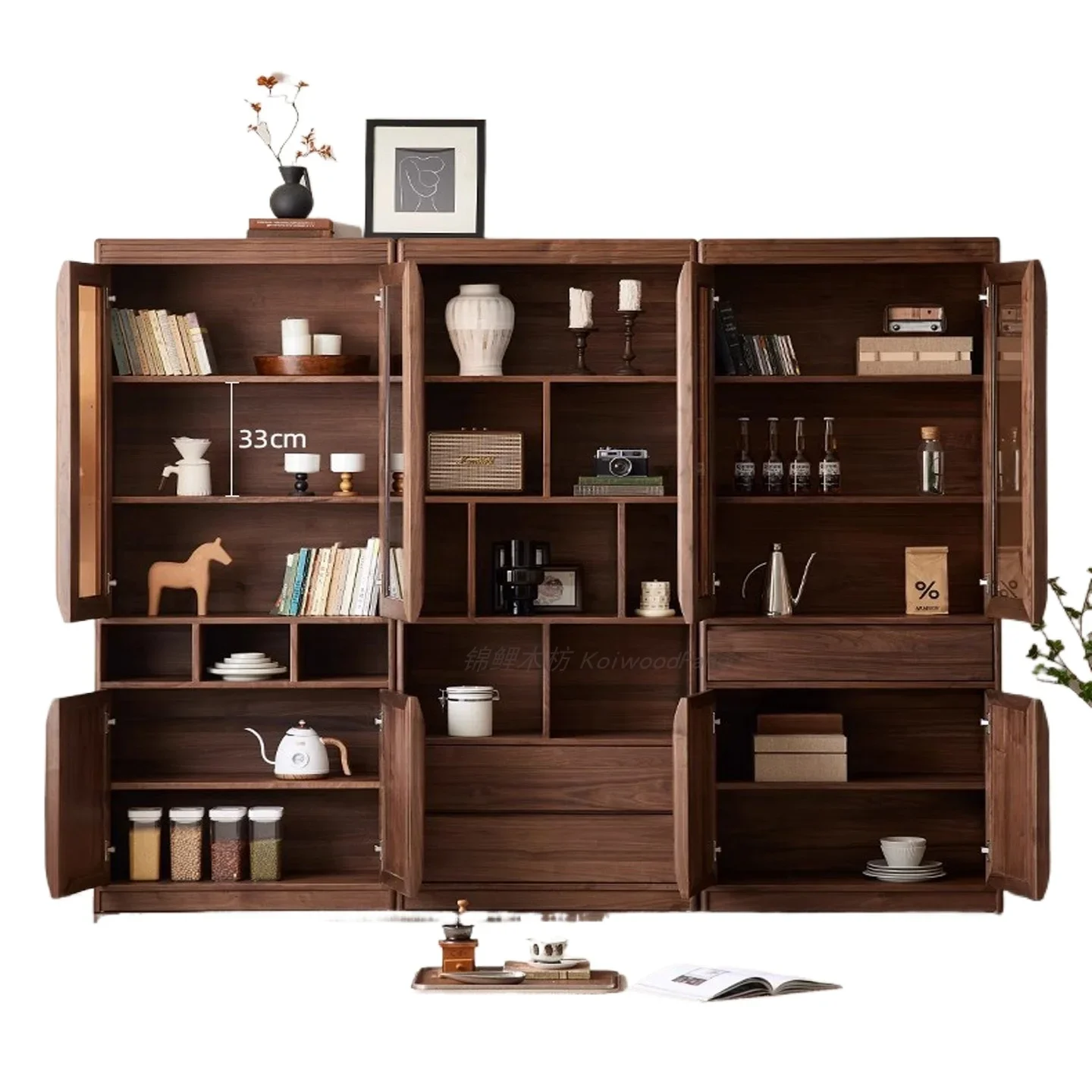 North American all-black walnut solid wood full-wall glass bookcase, Bogu shelf, study cabinet, office integrated cabinet