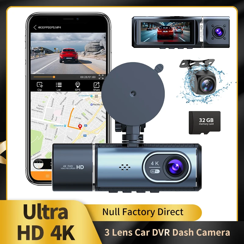 Null Ultra HD 4K 3.2 inch 3Camera WiFi Reverse Camera GPS Loop Recording Night Vision G-sensor GPS Motion Detection Car Recorder