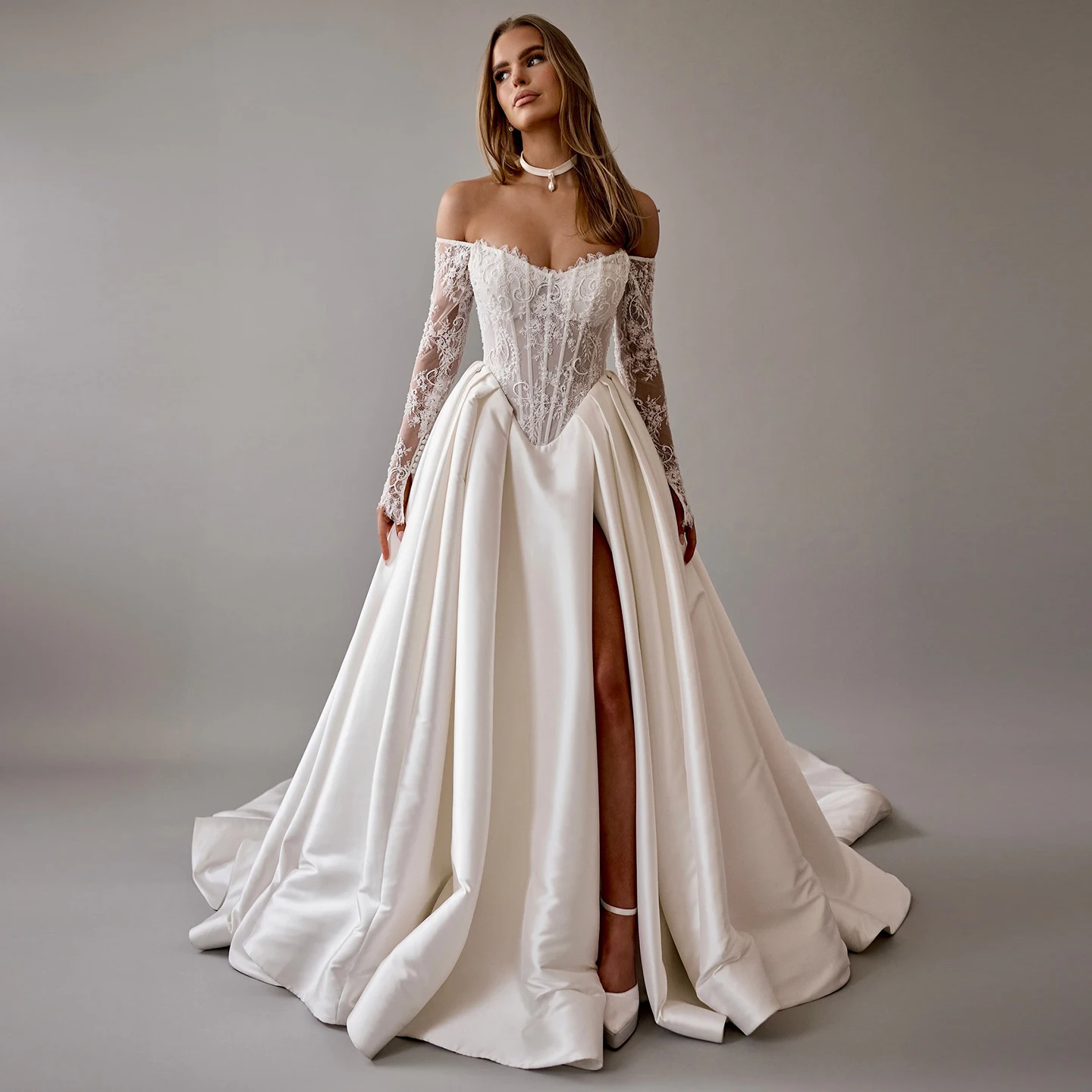 Sharon Said Elegant Long Sleeves Sweetheart Satin Off White Wedding Dress With High Slit A-line Bridal Gowns SW055 Customized