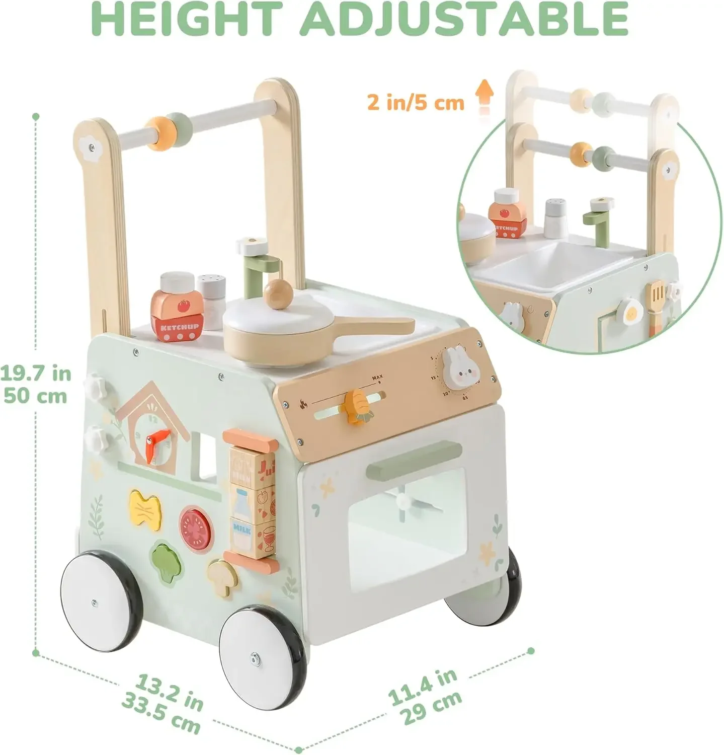Robud Girello in legno con velocità regolabile in altezza Giocattolo spinta per prevenire le gambe a forma di O Giocattolo da passeggio per bambini Montessori per ragazze e ragazzi