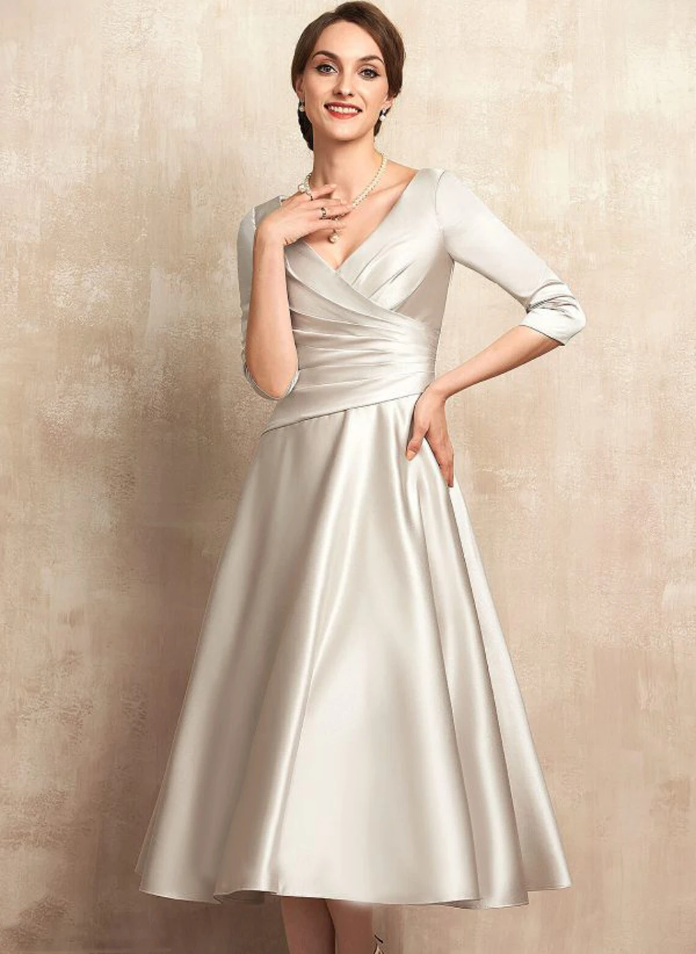 Elegante vestido de satén de línea A para madre de la novia, cuello en V, fruncido, plisado, Formal, de noche, manga 3/4, hasta el tobillo, para invitados de boda