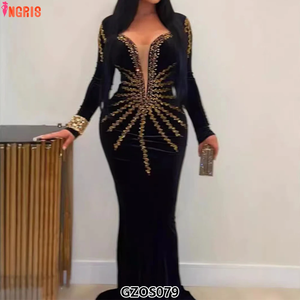 

New Women Long Sleeve Sexy Shinning Crystal Bodycon Long Bandage Maxi Dress Elegant Evening Party Dress Gowns-GZOS079