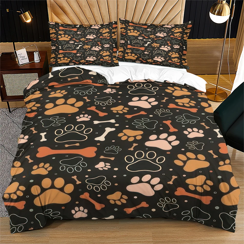 Dog Paw Print Bone Duvet Cover Set Cute Pet Puppy Footprint Bedding Set Animal Pattern Soft Microfiber Quilt Cover 2PCS / 3PCS