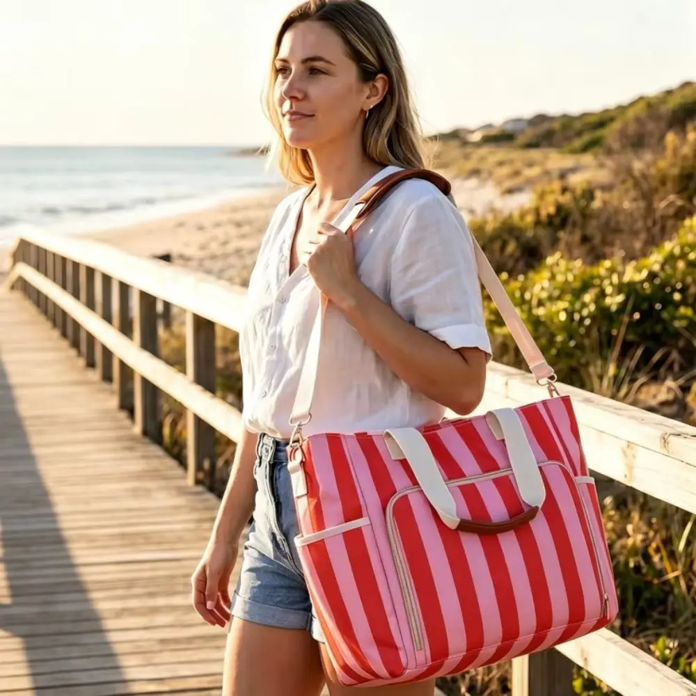 FAMIGINA Striped Cooler Bag Insulated Wine Tote Bag In Pink Travel Grocery Shopping Lunch Portable Large Ice Coolers With Handle