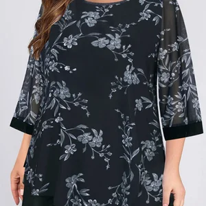 Halbschwächer Chiffonbluse, Rundkragen, durchscheinende Blumendruck, Plus Größe, Schwarz und Weiß, elegant 10 Hauptverkäufe Black Plus Size Bluse - №2