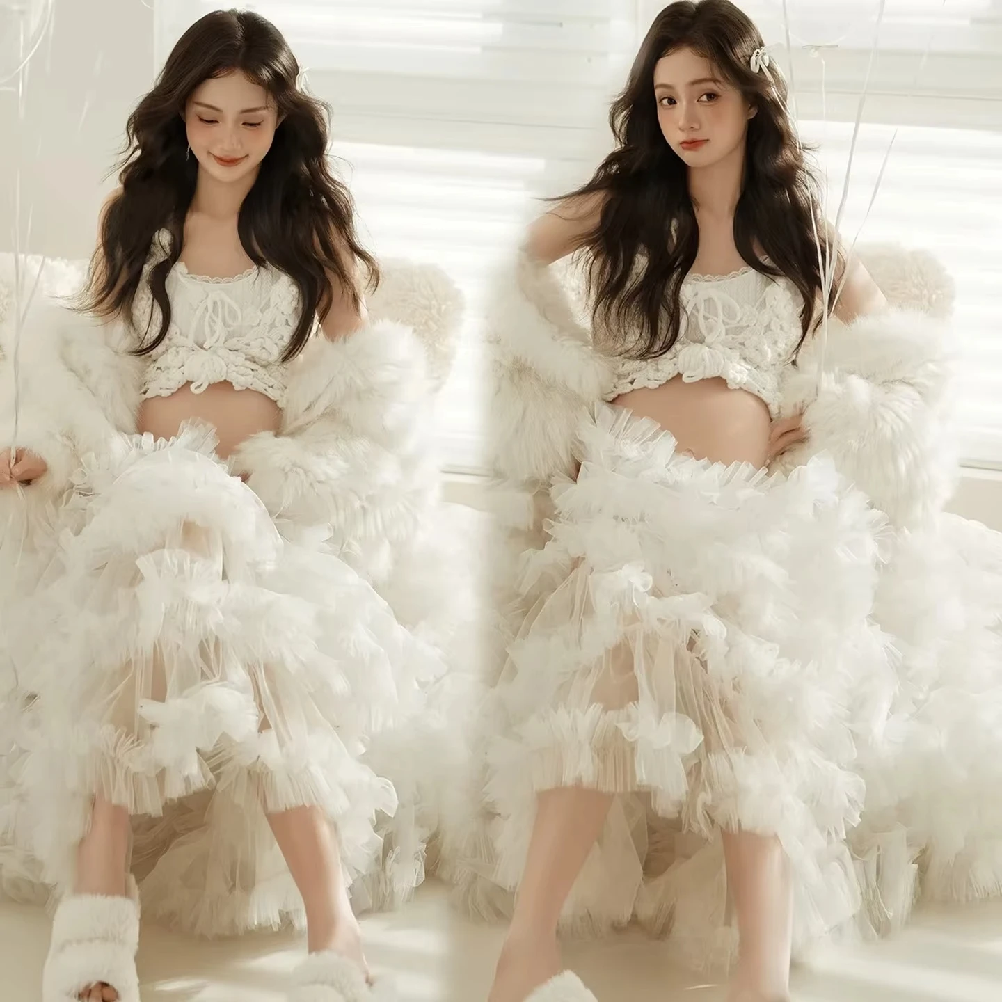 women-maternity-dresses-white-elegant-tube-top-with-cake-skirt-2pcs-set-pregancy-clothing-for-photography-studio-photoshoot-prop