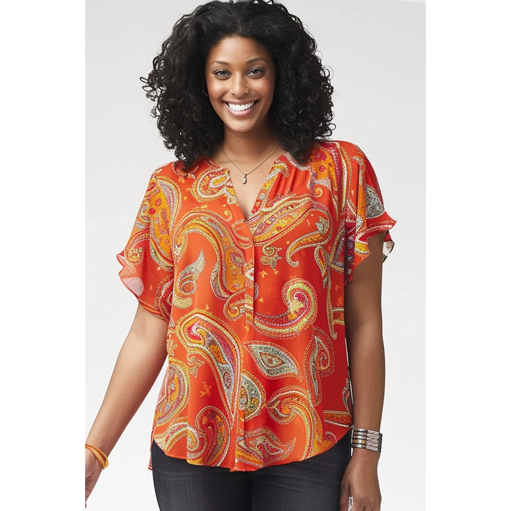 Plus Size Summer Casual Tops Orange Paisley Printed V Neck Chiffon Short Sleeve Blouse