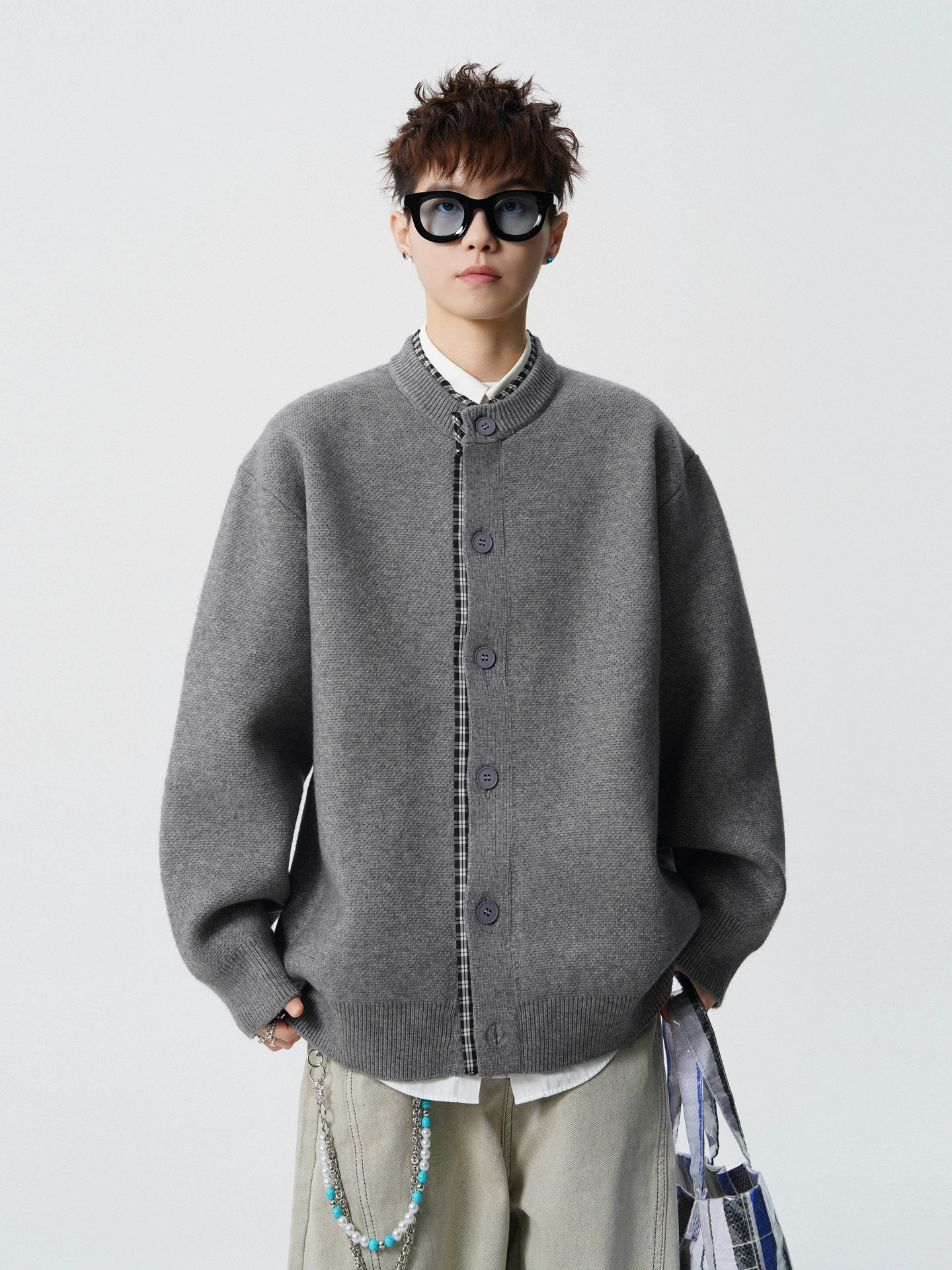 

Retro Plaid Spliced Open Cardigan Sweater Men Women Trendy Couple Match Heavy Knitted Winter Casual Sle Long Sve round Ne