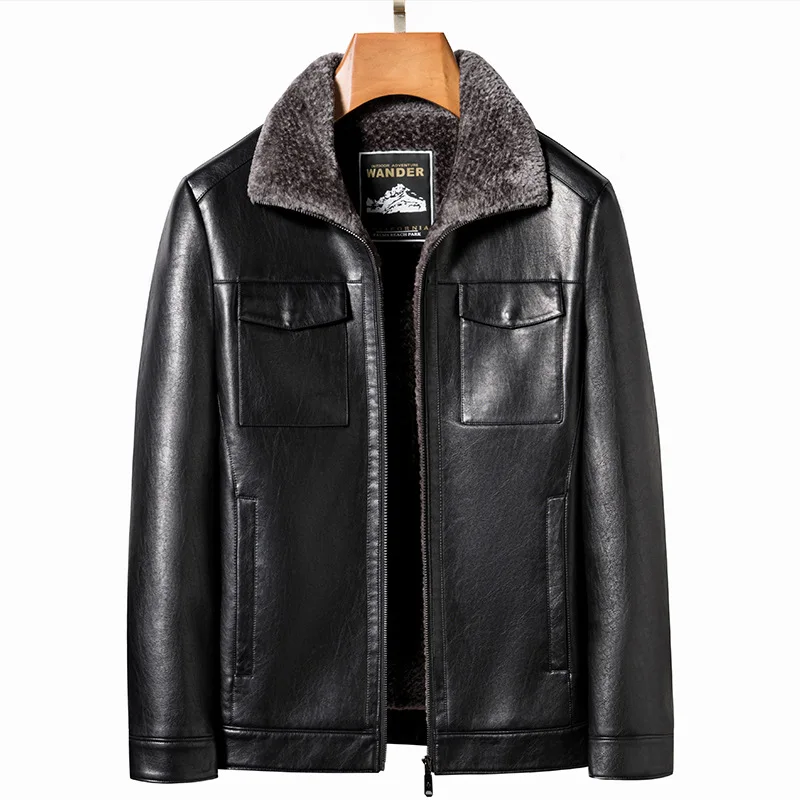 Winter Short Men's Middle-aged and Young Men's Collar Thickened Leather Jacket