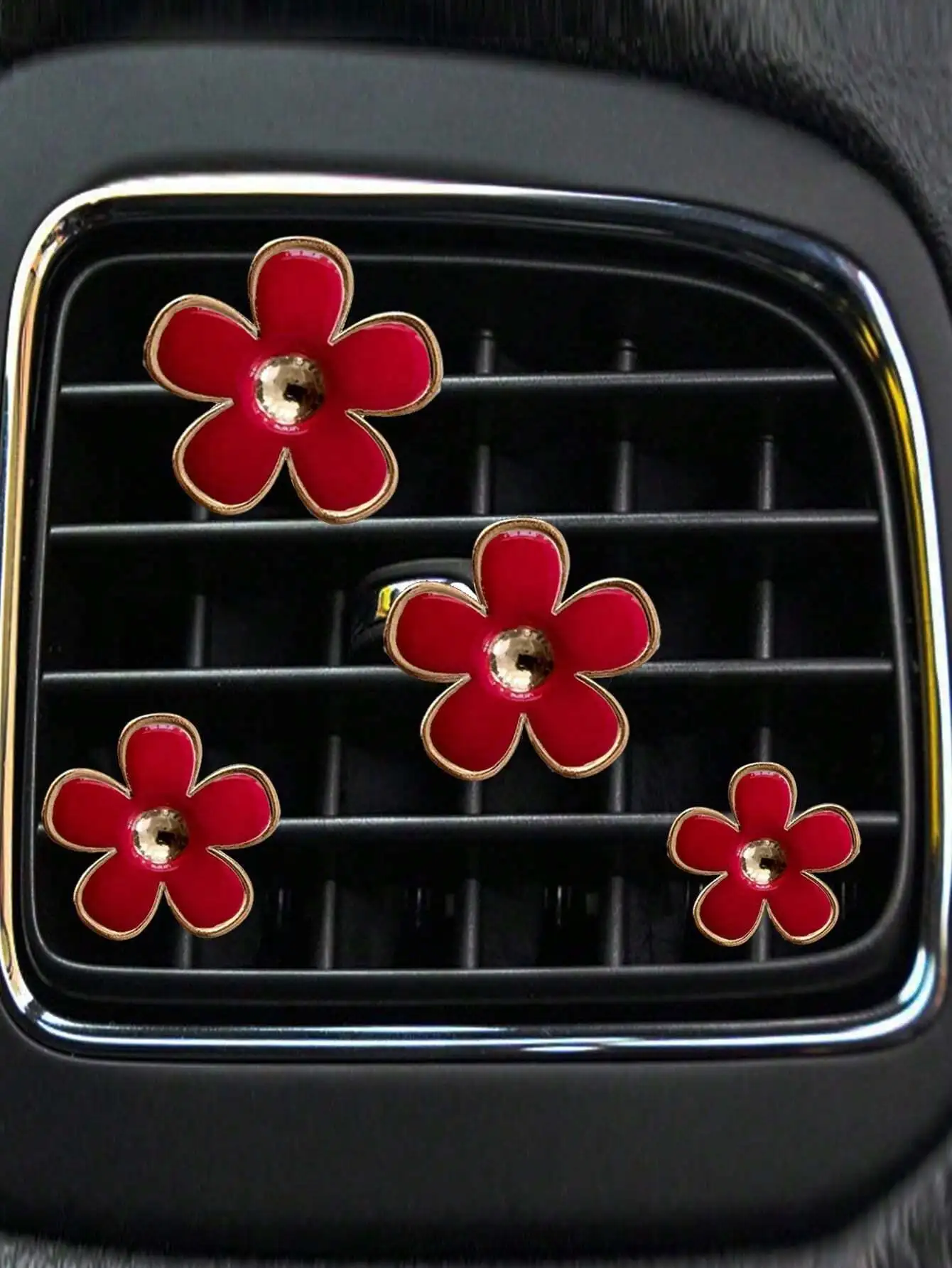 1set/4pcs Black Alloy Small Chrysanthemum Car Air Vent Clip Air Freshener Decor