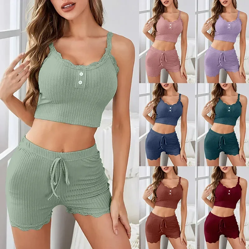 

Womens Two Piece Pajama Set Ribbed Knit Lace Trim Crop Cami Top And Shorts Summer Loungewear Sleepwear Homewear New hot selling